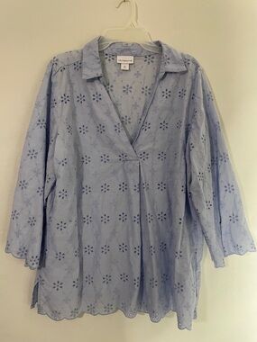 Liz Claiborne Light Blue Floral Eyelet Collared Tunic XL